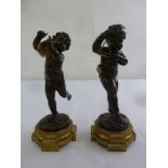 A pair of bronze figurines of putti playing musical instruments, on shaped oval bases