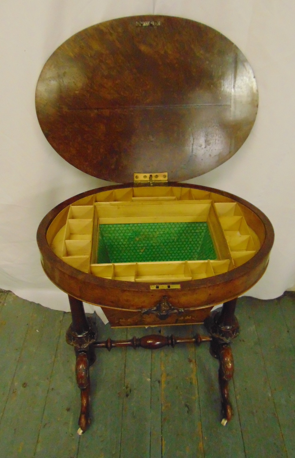 A Victorian oval sewing table on carved scrolling legs - Image 2 of 2