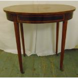 An Edwardian oval inlaid mahogany side table on tapering rectangular legs, A/F