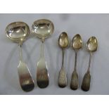 Two fiddle pattern silver sauce ladles and three silver teaspoons