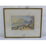 A framed and glazed watercolour of a continental landscape with a figure on a road by a lake, 19 x