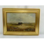 A framed oil on panel of a figures walking on a road in a country landscape, 29.5 x 45.5cm