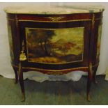 A marble top Louis XVI style cabinet with painted side panels on cabriole legs and detachable marble