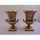 A pair of Crown Derby campagna form vases on square bases, hand painted floral panels and gilding,