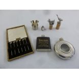 A quantity of collectables to include hip flask, champagne bottle stopper, cased cocktail sticks and