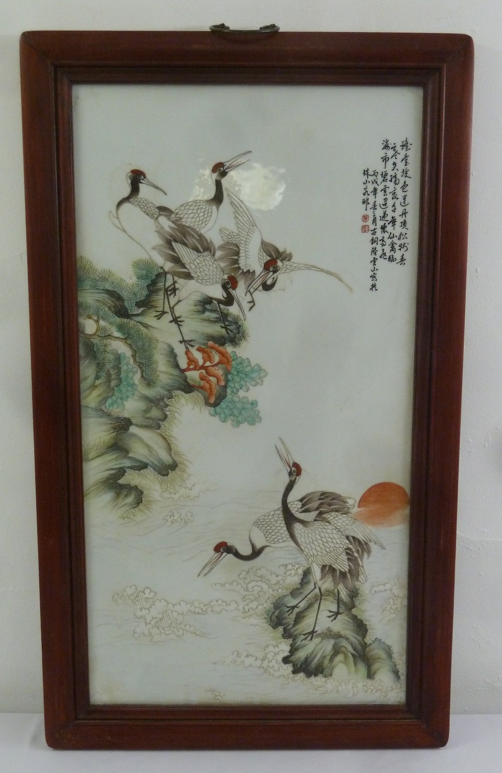 A Chinese hand painted porcelain panel of birds and flowers in rectangular hardwood frame, 89.5 x