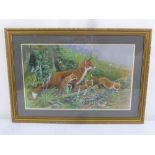 Ernest Leahy framed and glazed watercolour of foxes, signed bottom right, 38 x 63cm