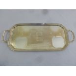 A silver hallmarked rectangular sandwich tray with scroll handles and engraved monogram to the