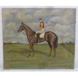 E Cyrus-Fletcher oil on canvas mounted on board of a horse and jockey titled Mid-day Sun Derby