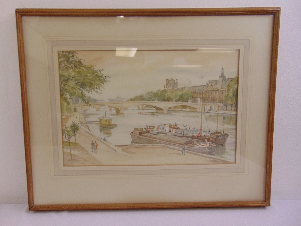 Vincent Henry Lines framed and glazed watercolour of The Seine, signed bottom left, labels to verso,