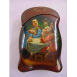 Russian papier mache playing card case, the side painted with figures at a table playing cards,