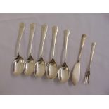 A quantity of silver flatware to include five teaspoons, a butter knife and a pickle fork