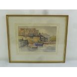 Eileen Crawford framed and glazed watercolour of houses by a lake, signed bottom right, 27 x 38.5cm