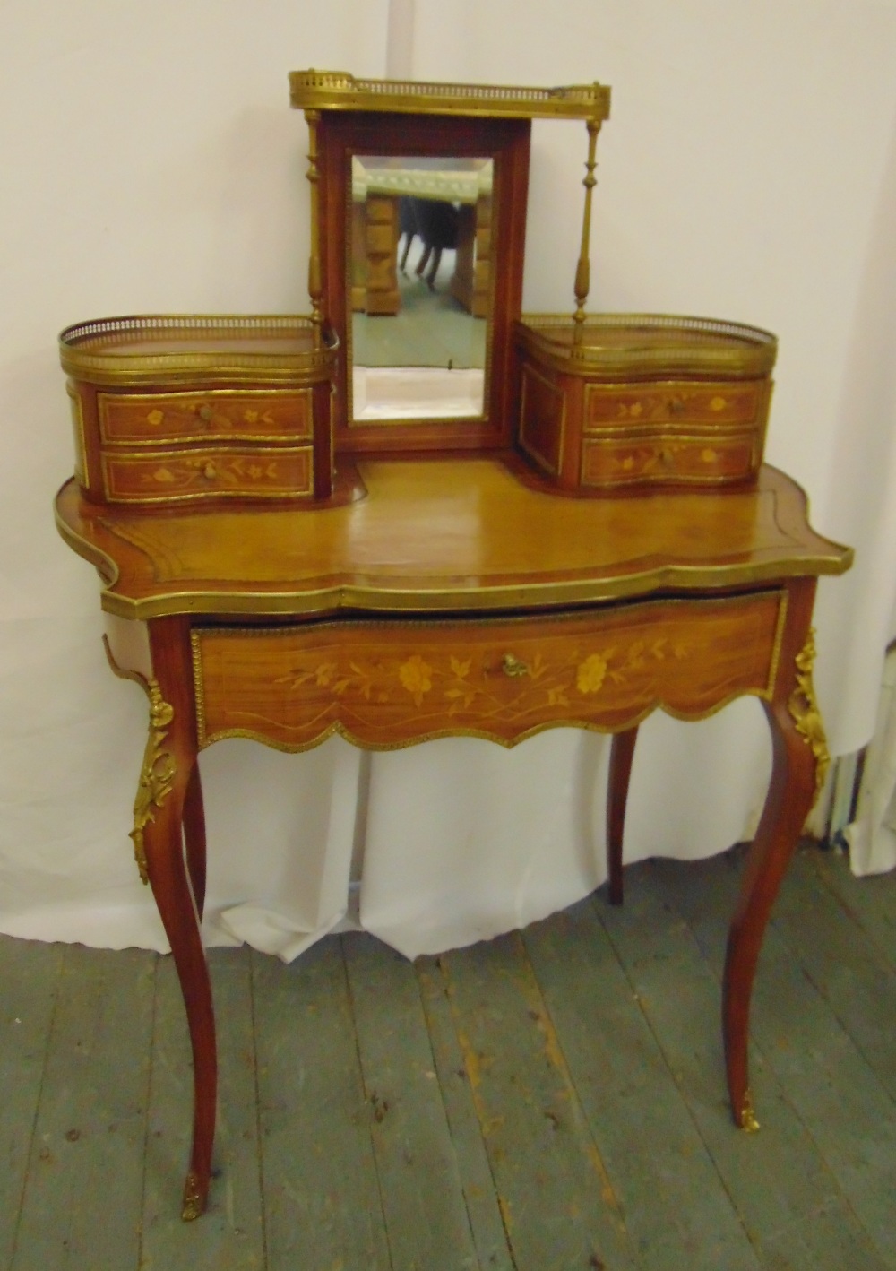 A kingswood inlaid Bonheur with tooled leather top on four cabriole legs, A/F