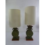 A pair of Oriental style bronze pilgrim flask table lamp with shades