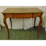 A French Louis XVI style rectangular desk with gilded metal mounts, kingswood inlays, single drawer,