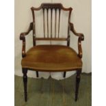 An Edwardian mahogany inlaid occasional chair with slatted pierced back on turned cylindrical legs