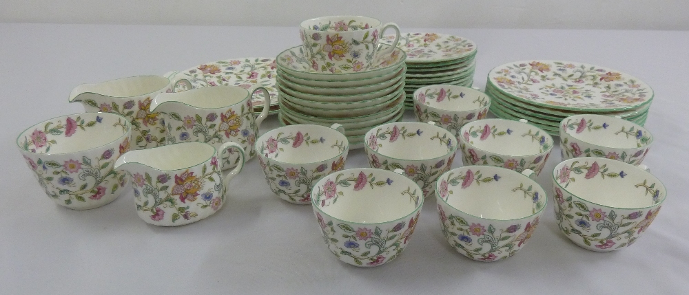 Minton Haddon Hall teaset to include cups, saucers, plates, jugs, sugar bowl (44)