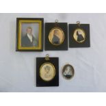 Four framed miniature portraits and framed silhouette