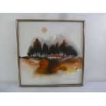 Richard Akerman framed oil on canvas of trees in an autumn setting, signed bottom right, 75 x 75cm