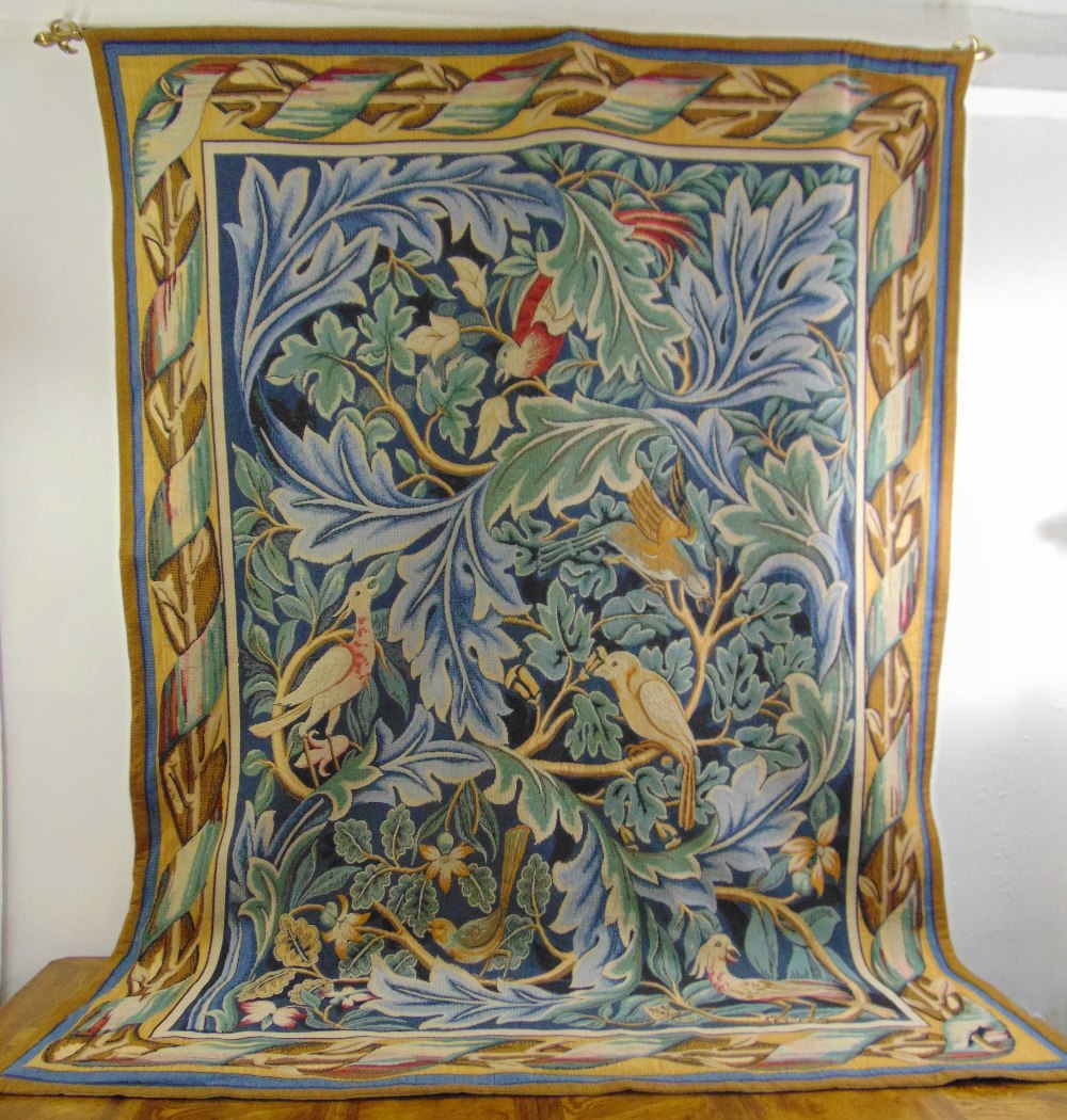 A French William Morris style rectangular wall hanging of birds and stylised leaves within a