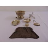 A quantity of silver and white metal to include dishes and a mesh evening bag (7)