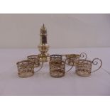 A quantity of silver to include tea glass holders, a sugar sifter and a tea strainer and stand
