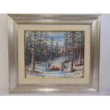 Puglitta framed oil on canvas of figures by a fire in a forest landscape, signed bottom left, 38 x