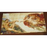 A polychromatic wall hanging of The Creation of Adam by Michelangelo, 123cm x 257cm