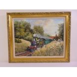Ken Hankin framed oil on canvas of a steam engine and carriages, signed bottom right, 49 x 65cm