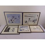 Five framed and glazed cartoons by Jak, Mac and Terry all with Marks and Spencer themes