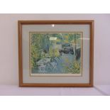 Francois Federle a framed and glazed lithograph of an automobile in a French garden signed in pencil