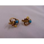 A pair of 14ct yellow gold turquoise and ruby earrings, approx total weight 3.9g