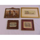 A framed Victorian silk picture titled The Good Old Days, a crystoleum of a Dutch scene in gilt