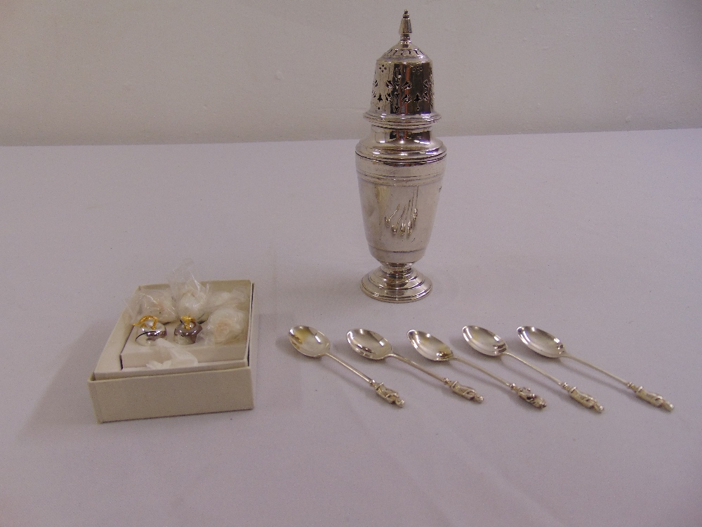 A Mappin and Webb silver sugar sifter, tapering cylindrical form with domed and pierced pull off
