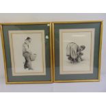 A pair of framed and glazed drawings of a man and woman at work, 34 x 24.5cm