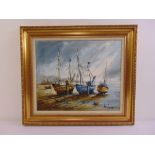 Ben Maile framed oil on canvas of fishing boats on the beach, signed bottom left, 50 x 60cm