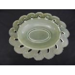 Verlys France Art Deco shaped oval opalescent glass bowl, with leaf design border, signed by the