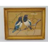 Ralston Gudgeon framed and glazed watercolour of two magpies on a branch signed bottom right, 26 x