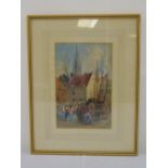 H Measham framed and glazed watercolour of a continental town square scene titled Hotel De Hollande,