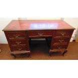 A Victorian rectangular oak desk with tooled leather top, seven drawers with brass handles on four