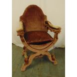 An upholstered Tudor style, X frame upholstered chair, A/F