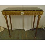 A continental rectangular gilded consol table with marble top on four tapering cylindrical legs