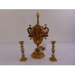 An Ormolu Baroque style lamp base with scroll side handles on raised circular base and a pair of