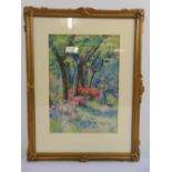 Edith Adie 1864-1947 framed watercolour of a lady in 19th century costume in a garden, signed bottom