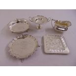 A quantity of hallmarked silver to include a card tray, Sheffield 1957 by Douglas Heeley, a two