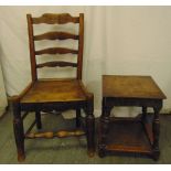 An early 18th century fruitwood and elm ladder-back chair with solid seat and a oak rectangular side