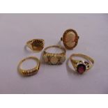 Five 9ct yellow gold rings set with various stones, approx total weight 19.2g
