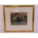 A framed and glazed watercolour of building and trees, monogrammed bottom right, possibly