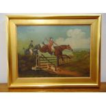 A framed 19th century oil on board of a huntsman jumping a fence, 23 x 32cm